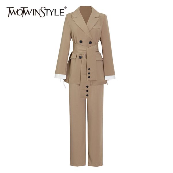 

temperament black two piece set for women notched long sleeve sashes blazer high waist wide leg pants female sets 210423, White