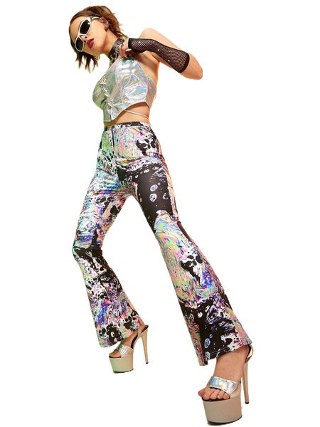 

marble print flare leg pants y7qk#, Black;white