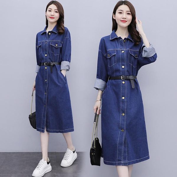 Casual Kleider Jeans Frauen Täglich Schlank Langarm Gürtel Midi Feste Denim Kleid Büro Dame Plus Größe Elegante Mode VestidoCasual