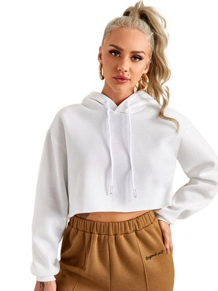 

thermal lined drawstring crop hoodie h05k#, Black