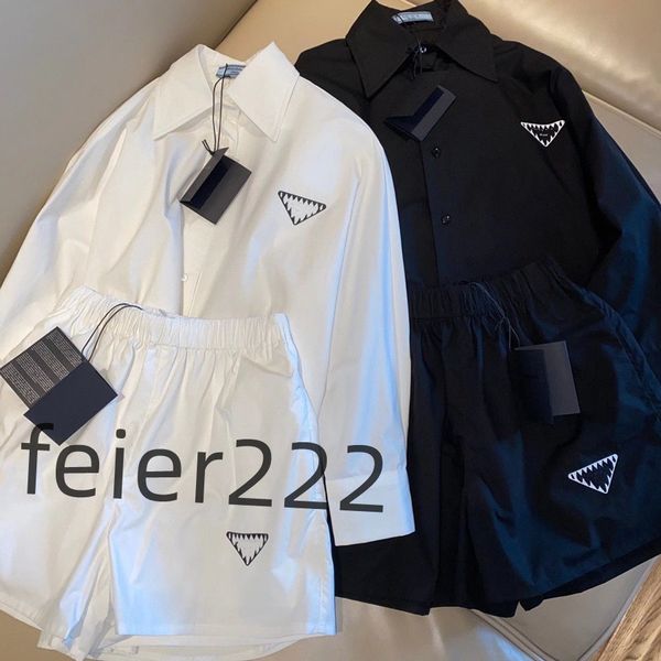

european summer triangle polo collar three-quarter sleeve shirt with elastic shorts wide leg trouser suit, White