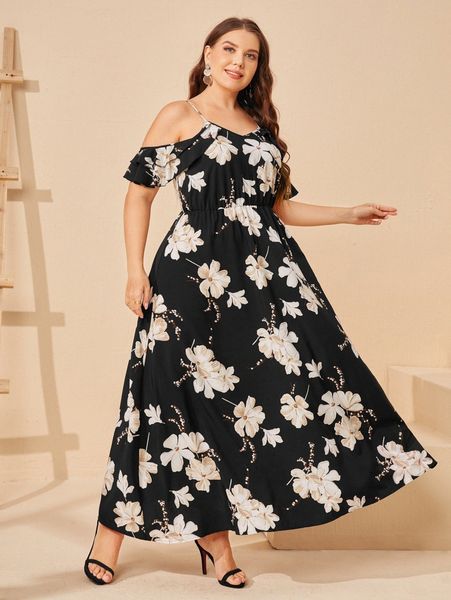

plus floral print cold shoulder dress z9a5#, Black