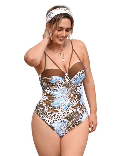 

plus leopard cut-out push up one piece swimsuit k1lu#, White;black