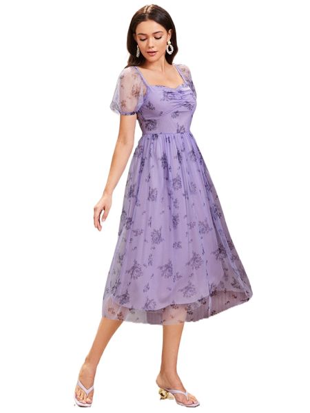 

sweetheart neck puff sleeve floral print mesh dress x11h#, Black;gray