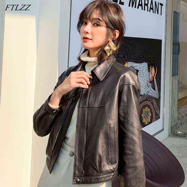 

ftlzz 2022 spring new women leather jacket lapel zipper short pu jacket lady slim black long sleeve biker jacket coat l220728
