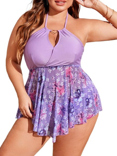 

plus floral print heart ring linked hanky hem bikini swimsuit o25a#, White;black