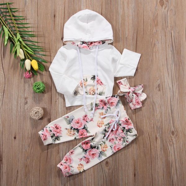 

brand infant toddler set newborn baby girls floral outfit clothes tracksuit hooded leggings pants headband 3pcs, White