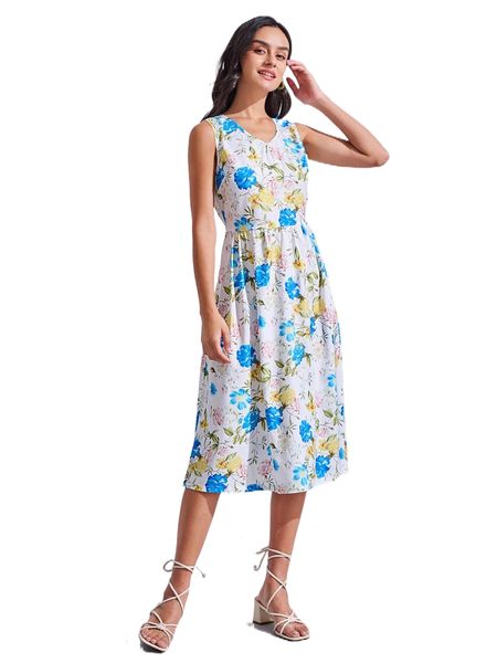 

allover floral print tie back dress o1ga#, Black;gray