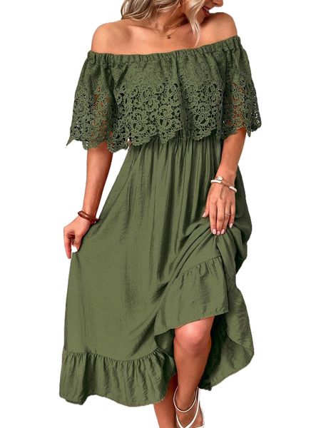 

off shoulder guipure lace overlay ruffle hem dress p4mp#, Black;gray