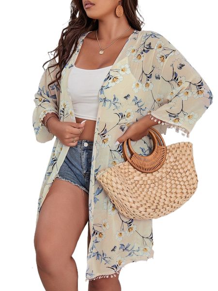 

plus floral print pom pom trim drop shoulder kimono y5xz#, Black;gray