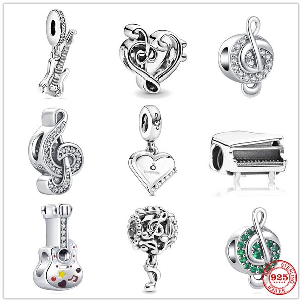 925 Silver Fit Pandora Charme 925 Bracelet Music Notes Guitar Piano Centro Dangle Defesa Pingente Diy Fine Jóias