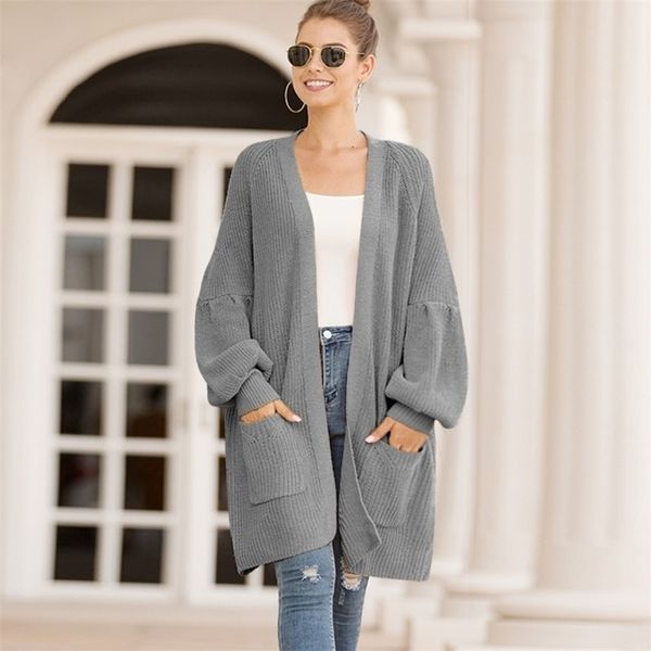 

spring and autumn cardigan sweater lantern sleeve loose and plus-sized casual sweater women long coat womens sweater 201203, White;black