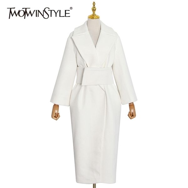 

twotwinstyle elegant tweed coat for women lapel long sleeve high waist belt temperament windbreaker female winter fashion 201222, Black