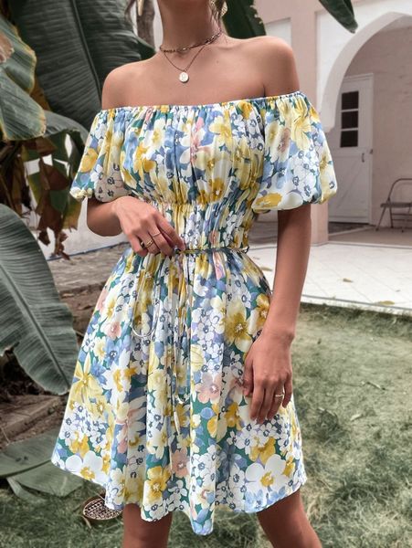 

off shoulder floral print belted dress q7kh#, Black;gray