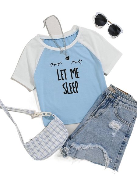 

slogan & eyelash print contrast raglan sleeve tee d5ki#, White