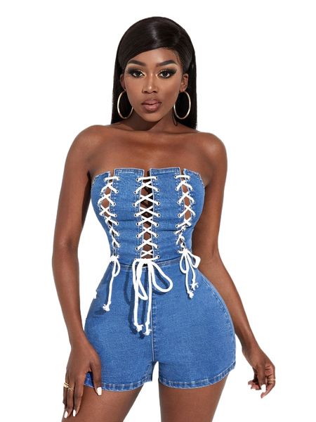 

sxy lace up front zip back tube denim romper e2u1#, Black;white