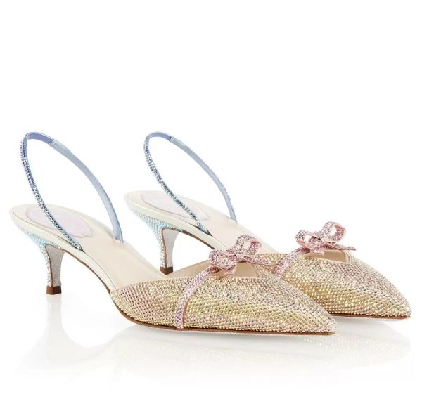 

elegant rene sandals shoes women kitten heel slingbacks terina bridal wedding dress strass pointed toe glitter soles pumps, Black