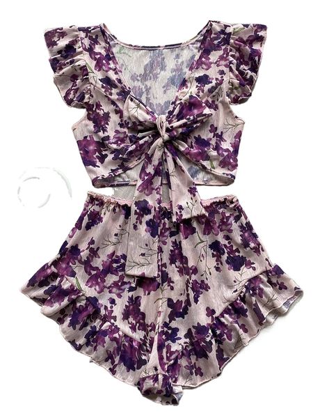 

floral print knot front ruffle trim pj set w47a#, Black;red