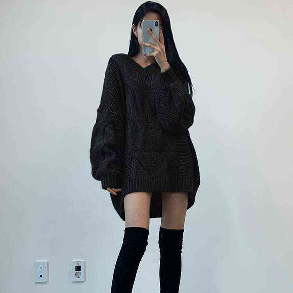 

new autumn and winter lantern sleeve medium long pullover v-neck knitted solid color commuter sweater, White;black