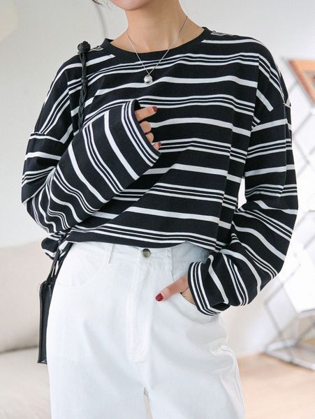

dazy striped print drop shoulder sweater f3np#, White;black