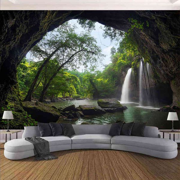 Boho Mandala Wandteppich Hintergrund Dekoration Natur Wald Hippie Große schöne Landschaft Baum Wasserfall Wandbehang J220804