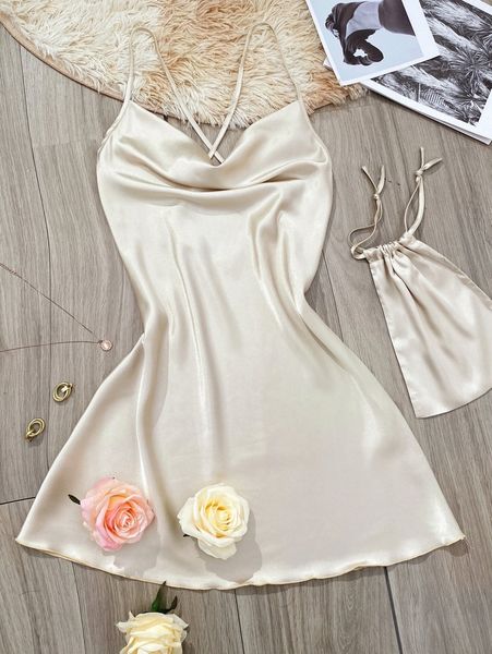 

backless satin night dress with storage bag q9qm#, Black;red