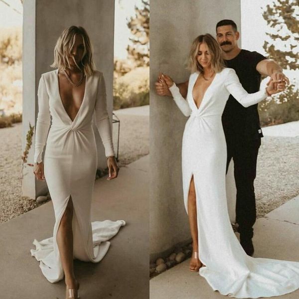 

bohemian mermaid wedding dress deep v neck pleats long sleeve bridal gowns custom boho satin bride dresses, White