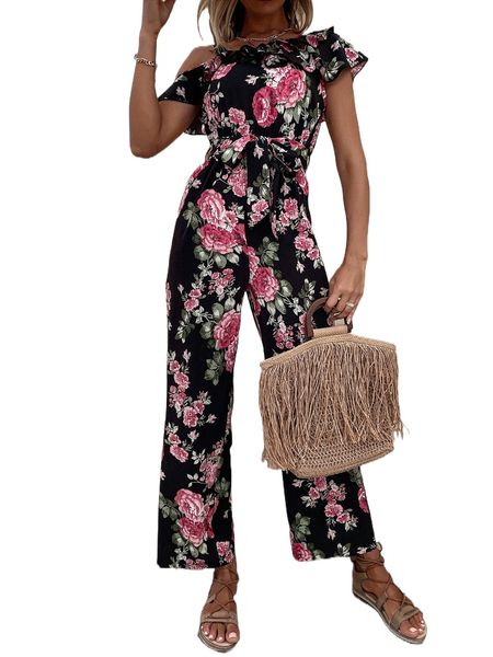 

floral print cut out asymmetrical neck ruffle trim belted jumpsuit d2ni#, Black;white