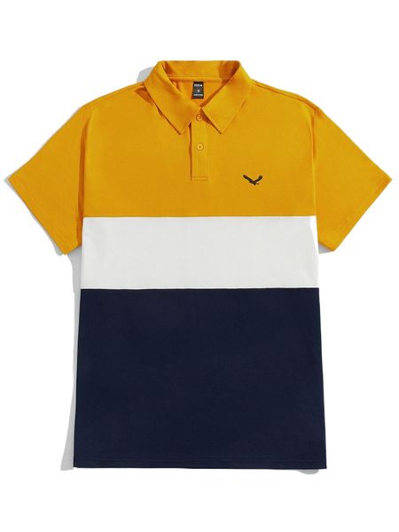 

men eagle print colorblock polo shirt l6b7#, White;black