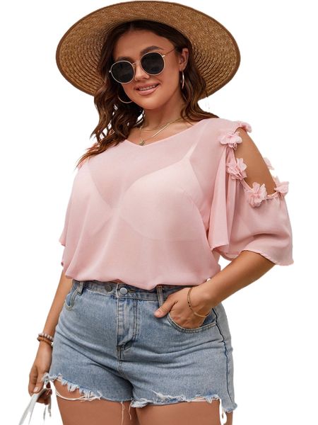 

plus appliques cut out chiffon blouse without bra j0aa#, Black