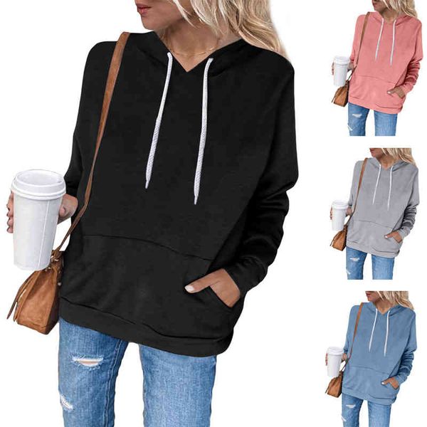 

women's hoodies & sweatshirts solid color sweater women's autumn winter pocket hooded casual plush kw7w, Black