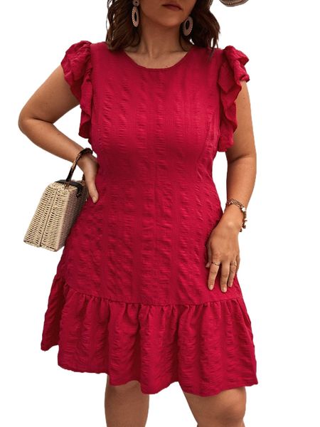 

plus ruffle trim textured knit dress w7xn#, Black