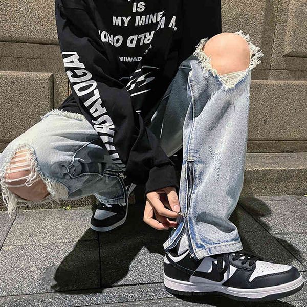 

fashion brand new summer big hole jeans men's high street zipper vibe style versatile trend straight pants, Blue