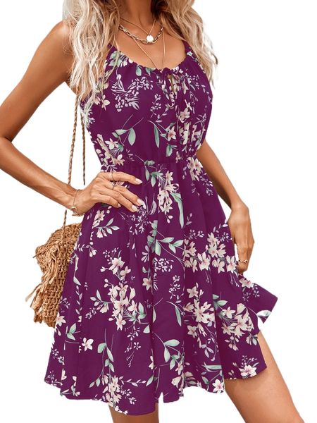 

floral print tie front cami dress o9js#, Black;gray