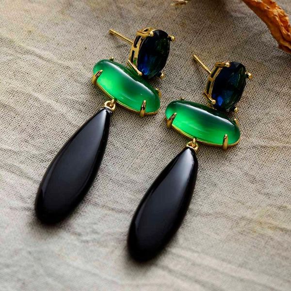 

stud vintage aesthetic women black green onyx teardrop stones earrings party bold anniversary wedding jewelry wholesale dropship, Golden;silver