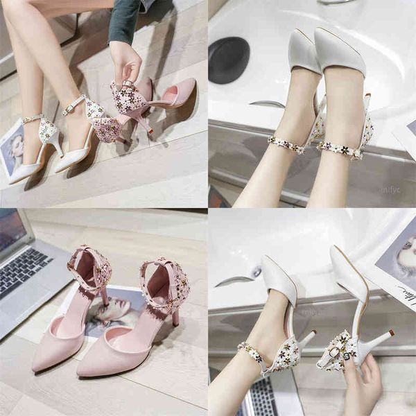 

dress shoes pointed sandals female 2022 summer new one word buckle single shoes literary flowers all match stiletto girl high heels 220425, Black