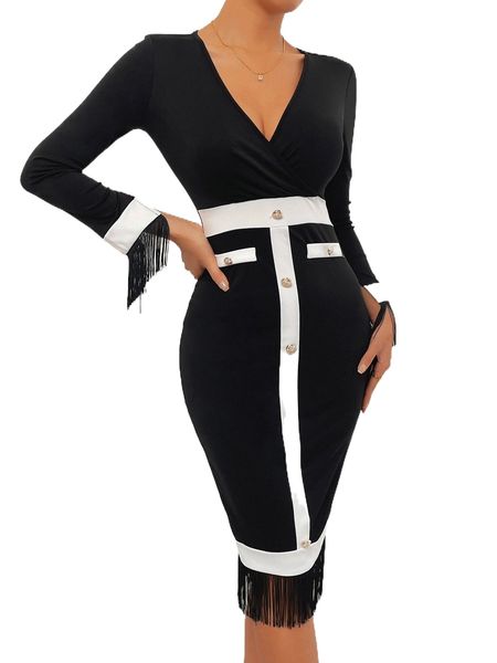 

contrast tape button front fringe trim bodycon dress d5pp#, Black;gray
