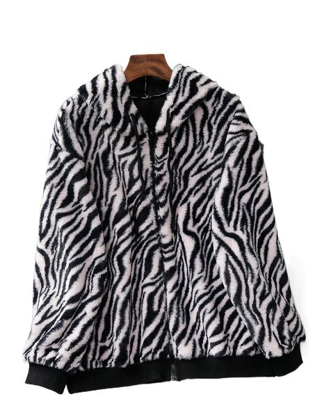 

plus zebra striped pattern hooded flannel jacket g1xa#, Black
