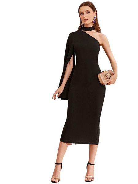 

choker neck one shoulder split bell sleeve dress d1jh#, Black;gray