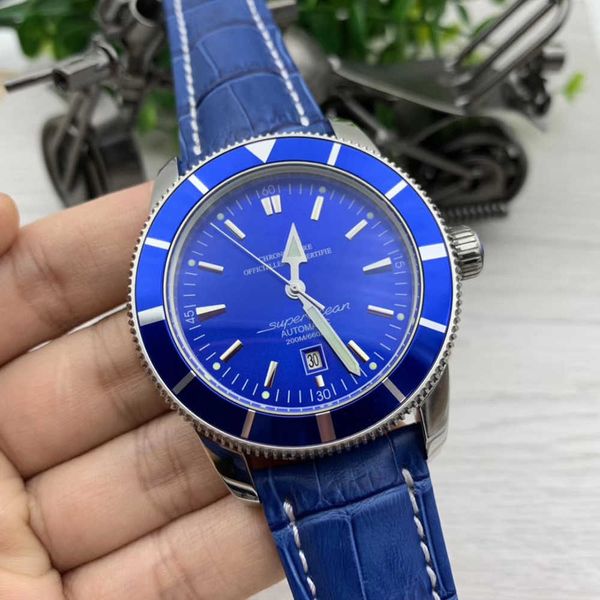 

leather band blue super-ocean heritage mens watches 47mm blue dial automatic mechanical index watch date men wristwatches, Slivery;brown