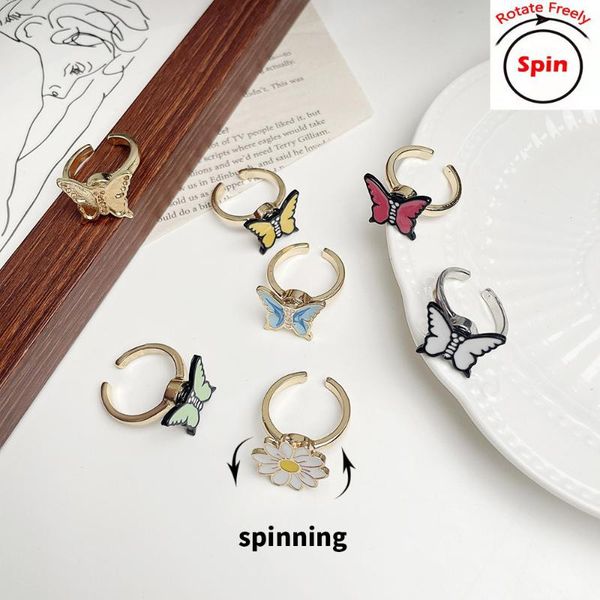 

cluster rings funny anti stress spinner rotate anxiety ring for women jewelry butterfly daisy flower adjustable open womne, Golden;silver