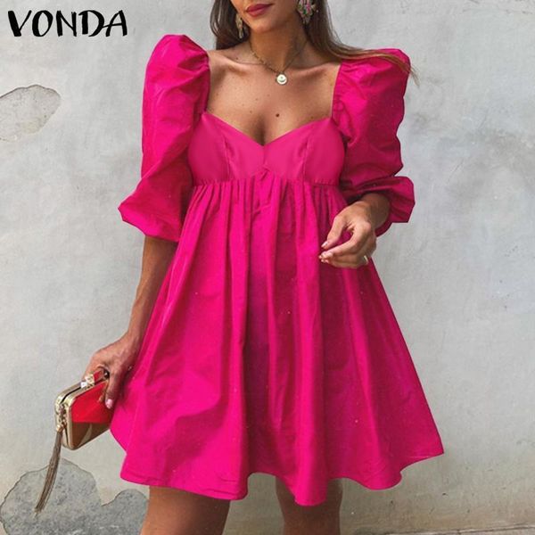

women mini dress vonda summer puff sleeve dresses casual solid v neck bohemian vestidos loose sundress oversized 220521, Black;gray