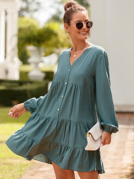 

lantern sleeve ruffle hem half button smock dress 03s8#, Black;gray