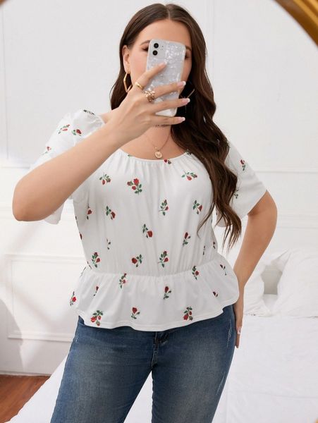 

plus floral print raglan sleeve ruffle hem tee x29w#, Black