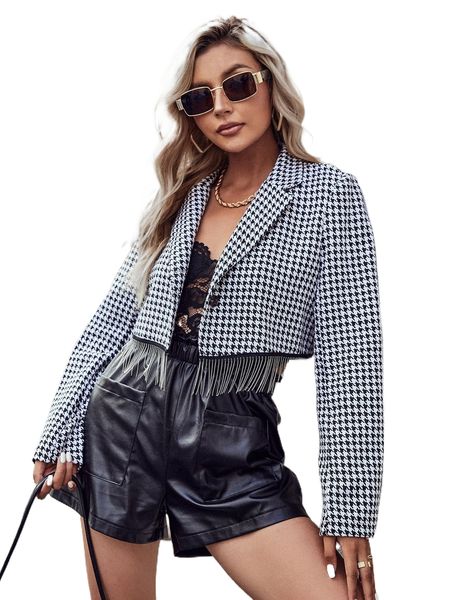 

houndstooth fringe hem tweed overcoat 89np#, Black