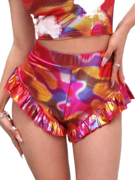 

high waist tie dye print ruffle hem metallic shorts w5mv#, White;black