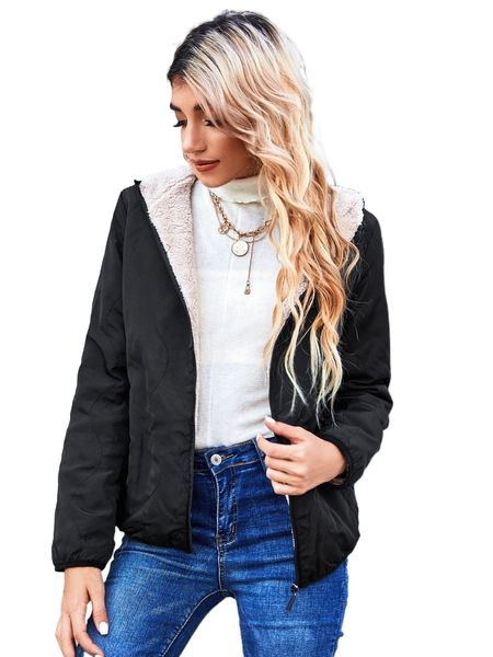 

teddy lined hooded jacket w806#, Black;brown