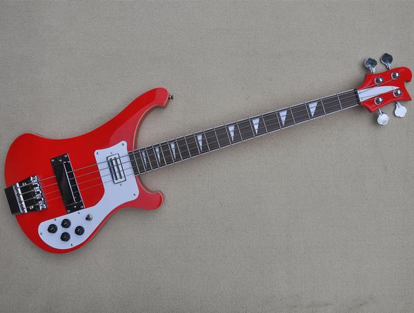 

4 string red electric bass guitar with chrome hardware white pickguard