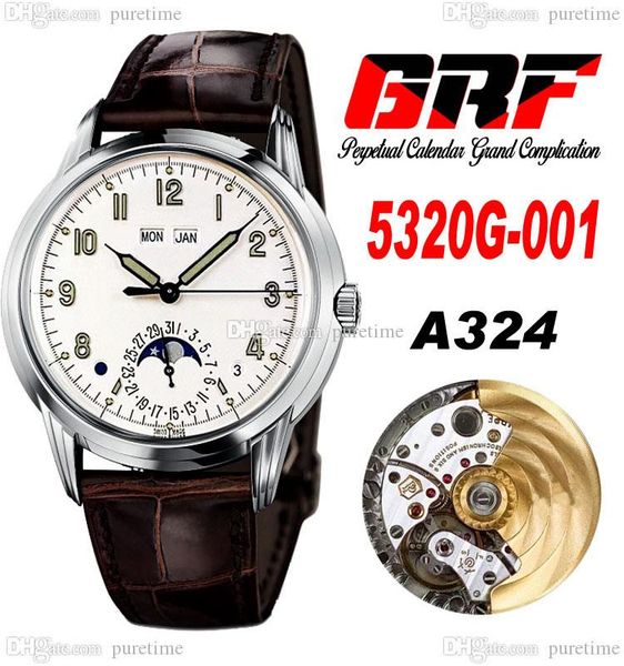 

grf grand perpetual calendar 5320g-001 a324 automatic mens watch steel case white dial number markers brown leather strap super edition pure, Slivery;brown