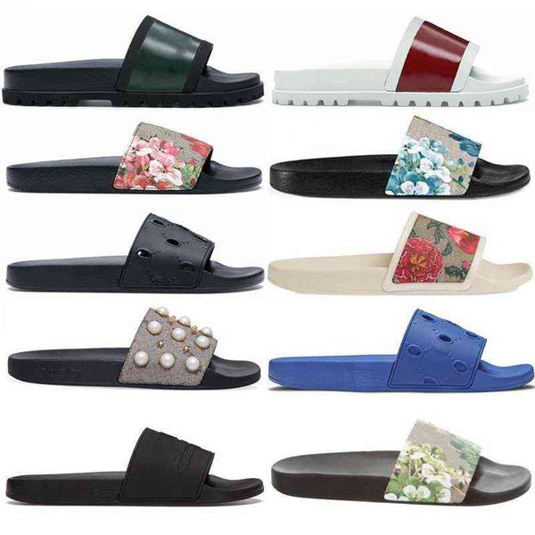 

guooi slippers for men women rubber leather fabric designer slides flats gear sole floral flower striped peep toe platform sandals summer, Black